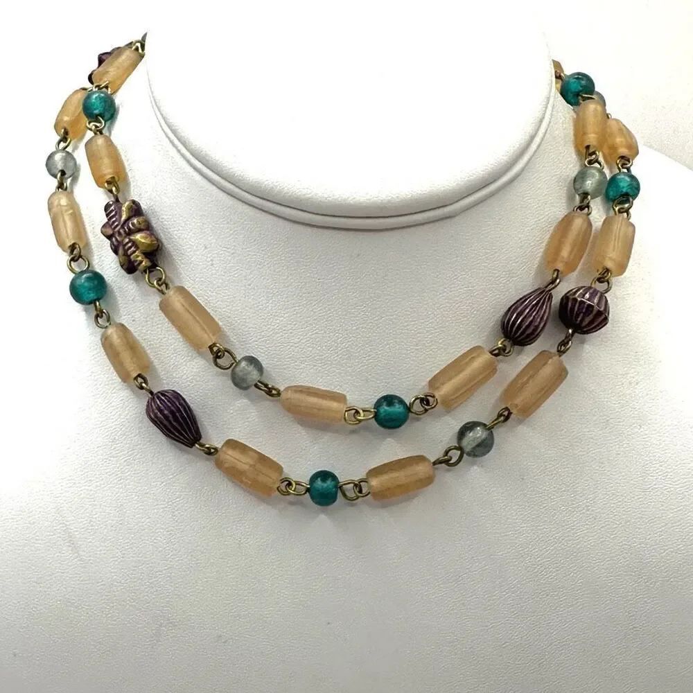 Pink purple and green long beaded vintage necklace